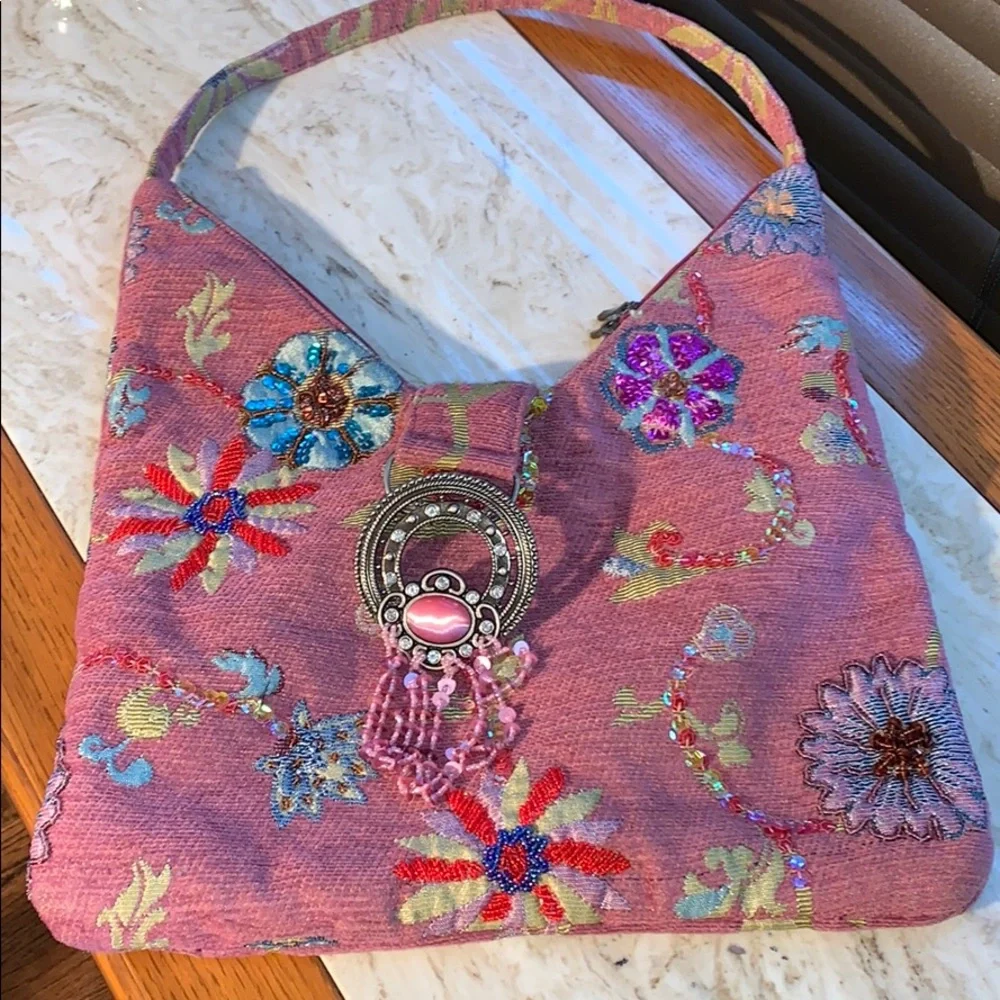 Boho Hippie Shoulder Purse Flowers & Sequins & Beads